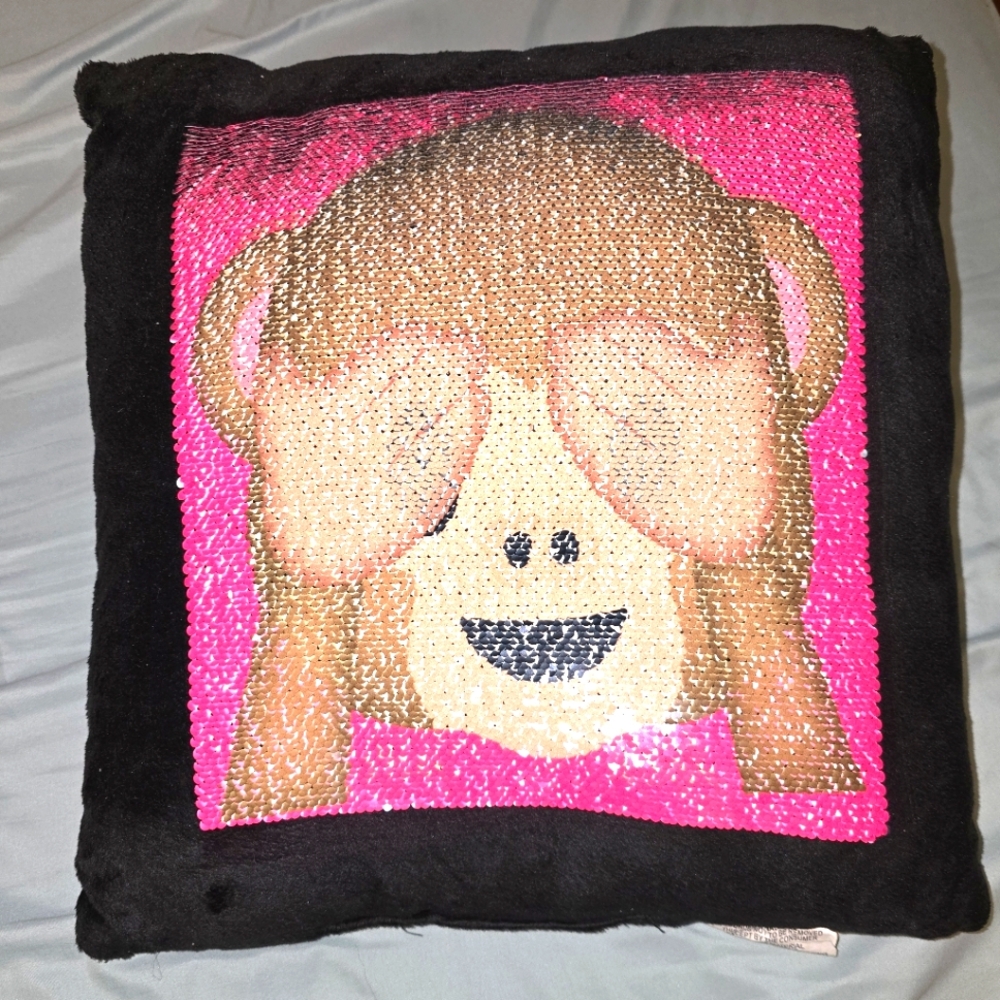 Sequin Monkey Emoji Pillow